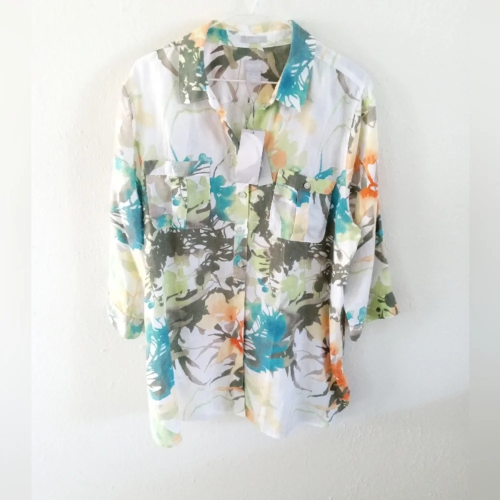 🆕 CHICO'S 100% Linen Paradise No Iron Tunic Blouse | XL (16) NWT - Picture 2 of 10